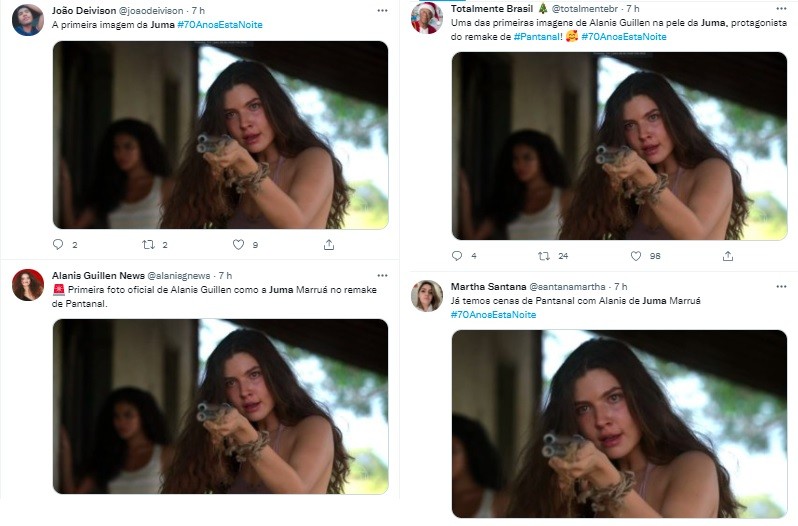 Público comenta Alanis Guillen caracterizada como Juma Marruá, protagonista de Pantanal (Foto: Reprodução/Twitter)
