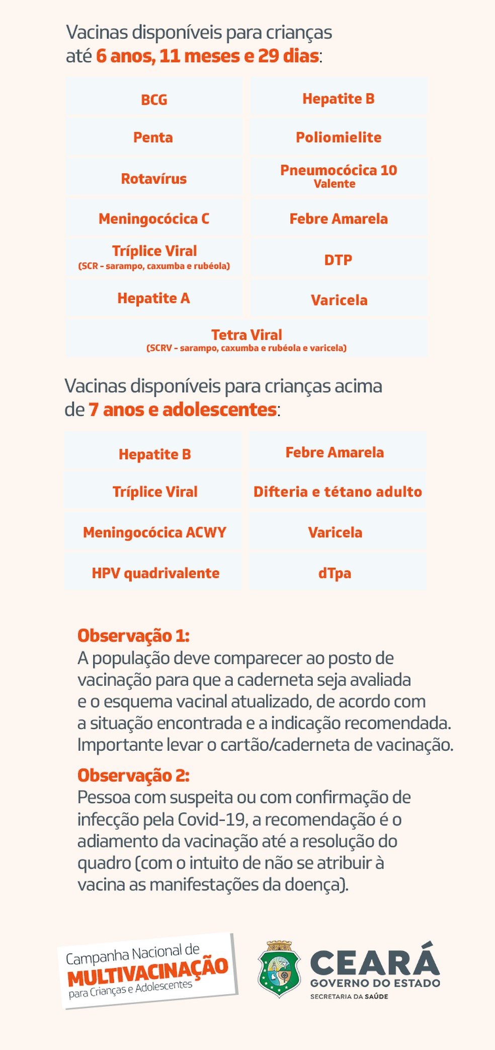 Vacinas disponíveis na campanha multivacinação no Ceará. — Foto: Sesa/Reprodução
