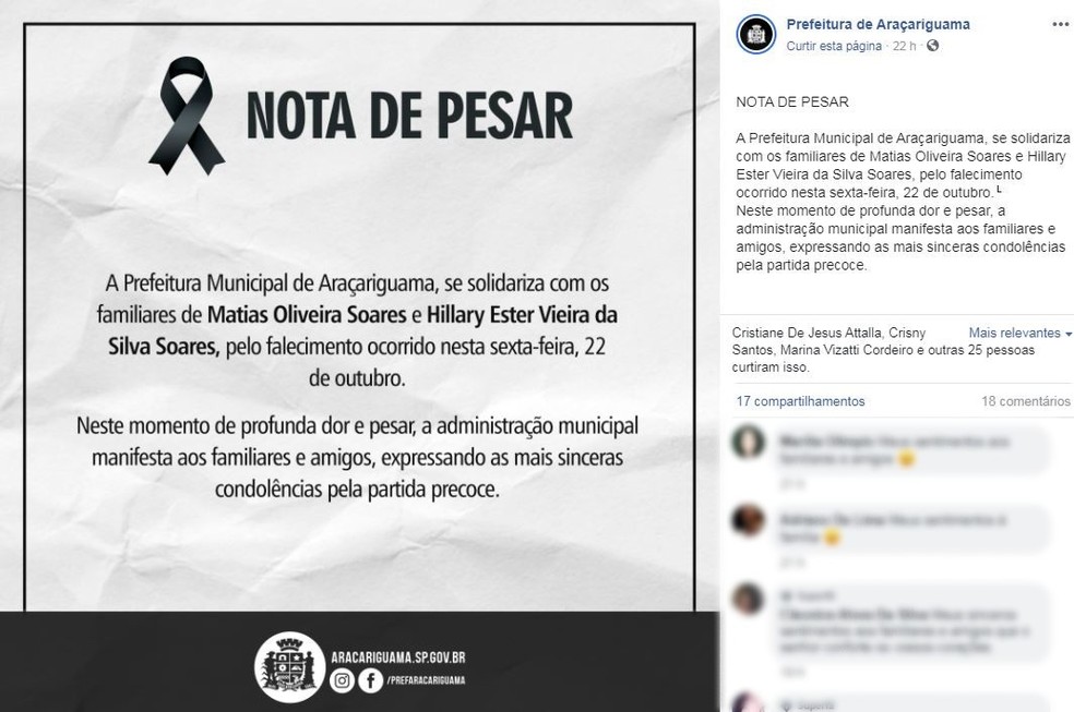 Prefeitura de Araçariguama lamenta morte de pai e filha em acidente  — Foto: Reprodução/Facebook