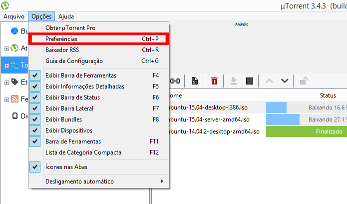 Menu de configurações pode ser acessado através de atalho de teclado (Foto: Reprodução/uTorrent)