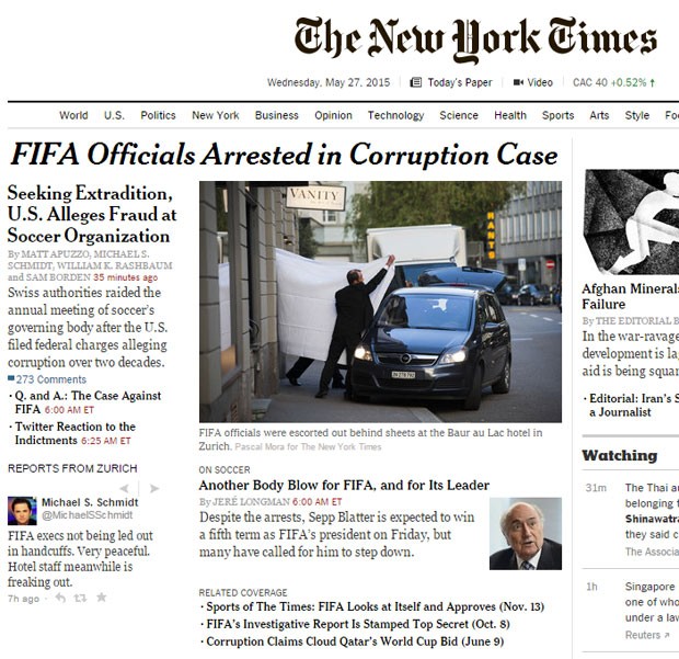 O jornal americano “The New York Times” adiantou informações sobre o caso de corrupção na Fifa (Foto: Reprodução/The New York Times)