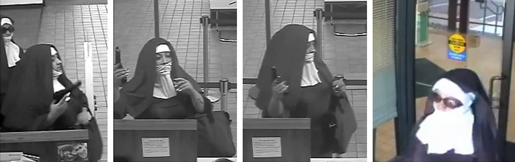 Imagens de câmeras de segurança mostram ladrões vestidos de freira em assalto nos EUA (Foto: FBI PHILADELPHIA / AFP)