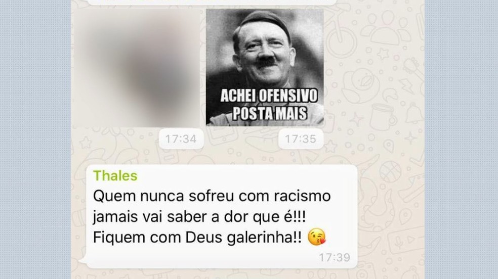 Estudante se sentiu ofendido com imagens em grupo de Whatsapp em Sertãozinho (SP) — Foto: Reprodução/EPTV