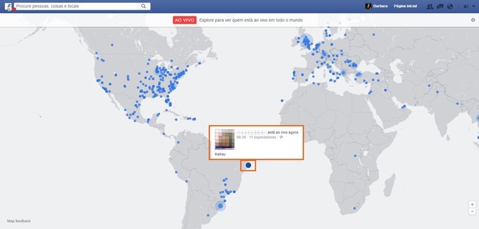 Mapa mostra as transmissões de vídeos ao vivo no Facebook (Foto: Reprodução/Barbara Mannara)