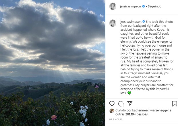 Jessica Simpson posta após acidente de Kobe Bryant (Foto: Reprodução/Instagram)