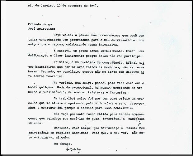 Carta escrita por Niemeyer ao amigo José Aparecido, ex-ministro da Cultura, em que diz que não participaria de festa de seus 80 anos de vida (Foto: TV Globo/Reprodução)