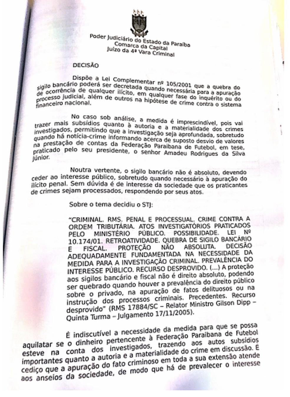 DecisÃ£o do Poder JudiciÃ¡rio acusa Amadeu Rodrigues de desvio de recursos da FPF.  (Foto: ReproduÃ§Ã£o/Poder JudiciÃ¡rio do Estado da ParaÃ­ba)