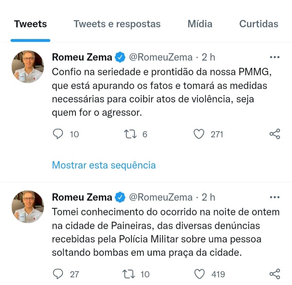 Governador Romeu Zema comentou o fato ocorrido em Paineiras nas redes sociais  — Foto: Reprodução/Twitter