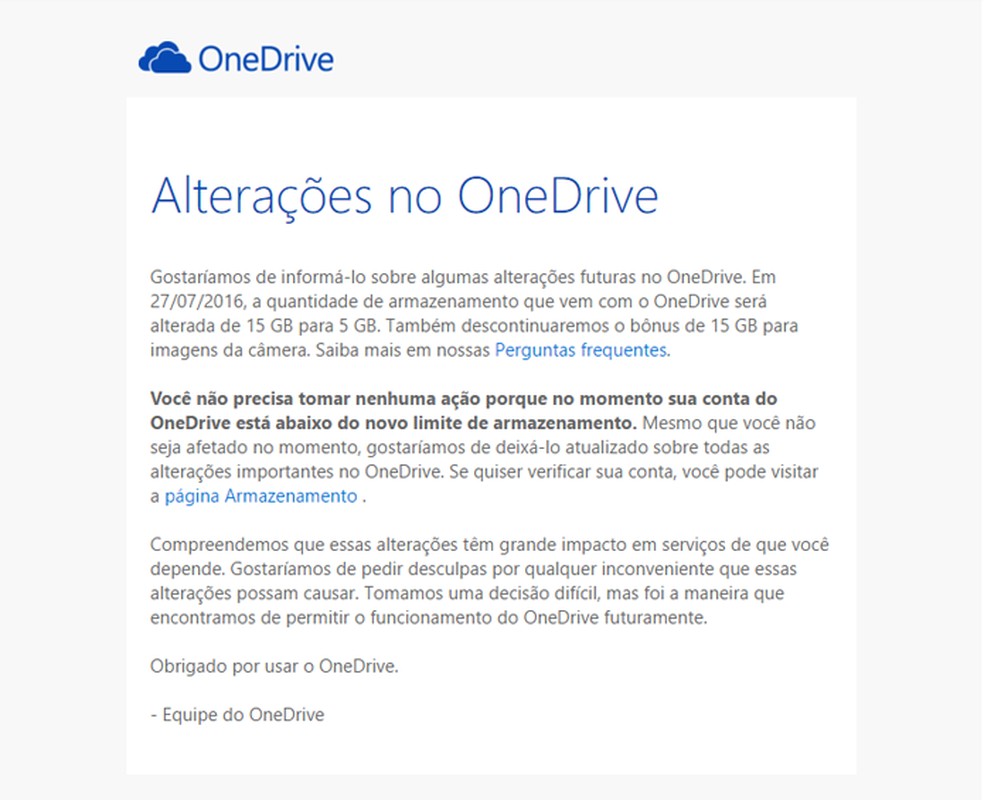 OneDrive diminui armazenamento para 5 GB em julho, entenda | Notícias |  TechTudo