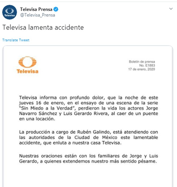 Comunicado da Televisa sobre morte de atores (Foto: Reprodução/Twitter)