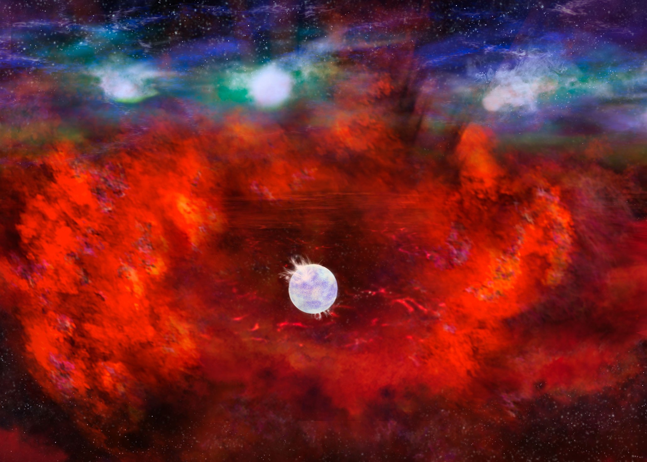 Ilustração da Supernova 1987A mostra região interna com resquícios da explosão (vermelho), onde uma estrela de nêutrons pode estar escondida. Na camada externa (azul), a energia da supernova está colidindo (verde) com o gás ejetado pela estrela antes de seu fim (Foto: NRAO/AUI/NSF, B. Saxton)
