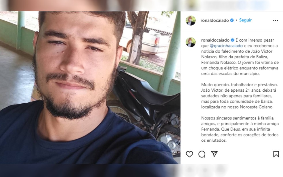 Governador Ronaldo Caiado lamenta morte de João Victor Nolasco, filho da prefeita de Baliza, Goiás — Foto: Reprodução/ Redes sociais Ronaldo Caiado