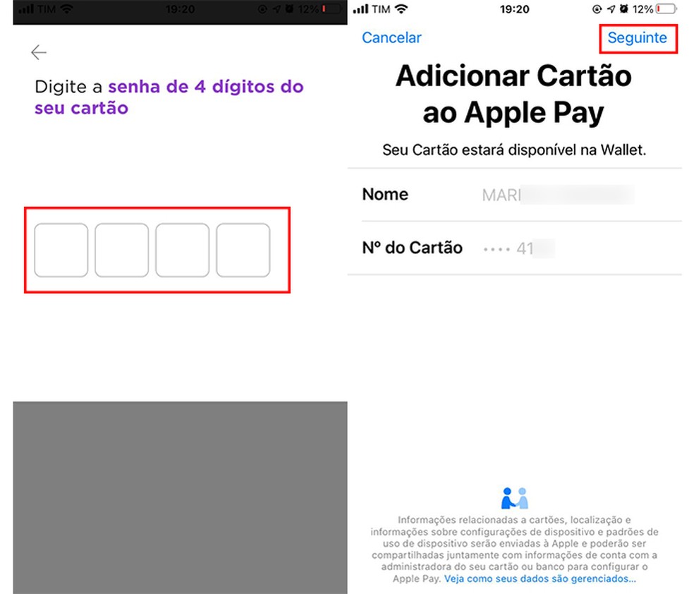 Siga as instruções na tela para adicionar cartão Nubank ao Apple Pay — Foto: Reprodução/Marcela Franco