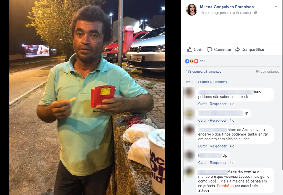 Morador de rua foi surpreendido por boa aÃ§Ã£o de jovem de Sorocaba (SP) (Foto: Facebook/ReproduÃ§Ã£o)