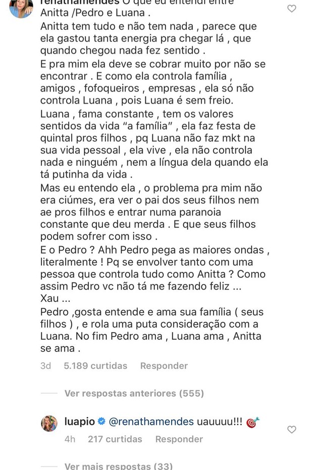 Mauro Machado e Luana Piovani respondem comentário de internauta sobre Anitta em foto de Pedro Scooby (Foto: Reprodução/Instagram)
