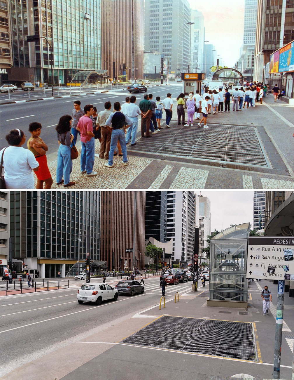 Combinação de fotos mostra a Avenida Paulista, na altura do metrô Consolação, em dois momentos: com eleitores fazendo fila para votação em plebiscito sobre o sistema de governo no Brasil em abril de 1993 e em um dia normal de 2021 — Foto: Marcos Mendes/Estadão Conteúdo/Arquivo; Marcelo Brandt/g1