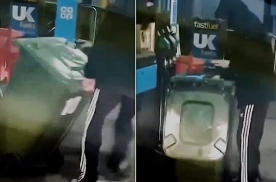 Homem é flagrado enchendo lixeira com R$ 955 de gasolina em posto no Reino Unido (Foto: reprodução/Daily Mail)