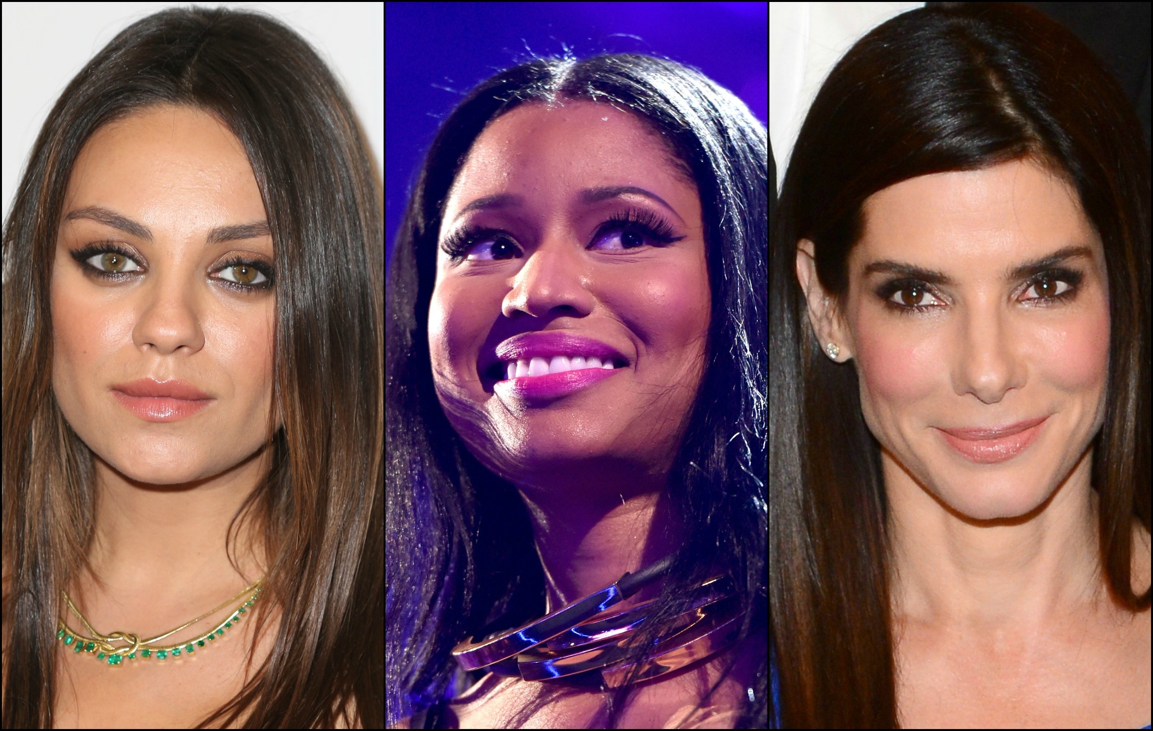 Mila Kunis (à esq.), Nicki Minaj (centro) e Sandra Bullock não tiveram pudores ao fingir serem mais novas ou mais velhas, de acordo com seus interesses. (Foto: Getty Images)