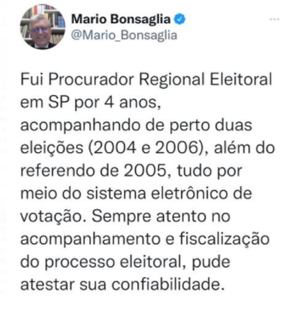 Ex-procurador eleitoral aderiu ao tuita&ccedil;o sobre as urnas eletr&ocirc;nicas e refor&ccedil;ou que o sistema &eacute; seguro &mdash; Foto: Reprodu&ccedil;&atilde;o