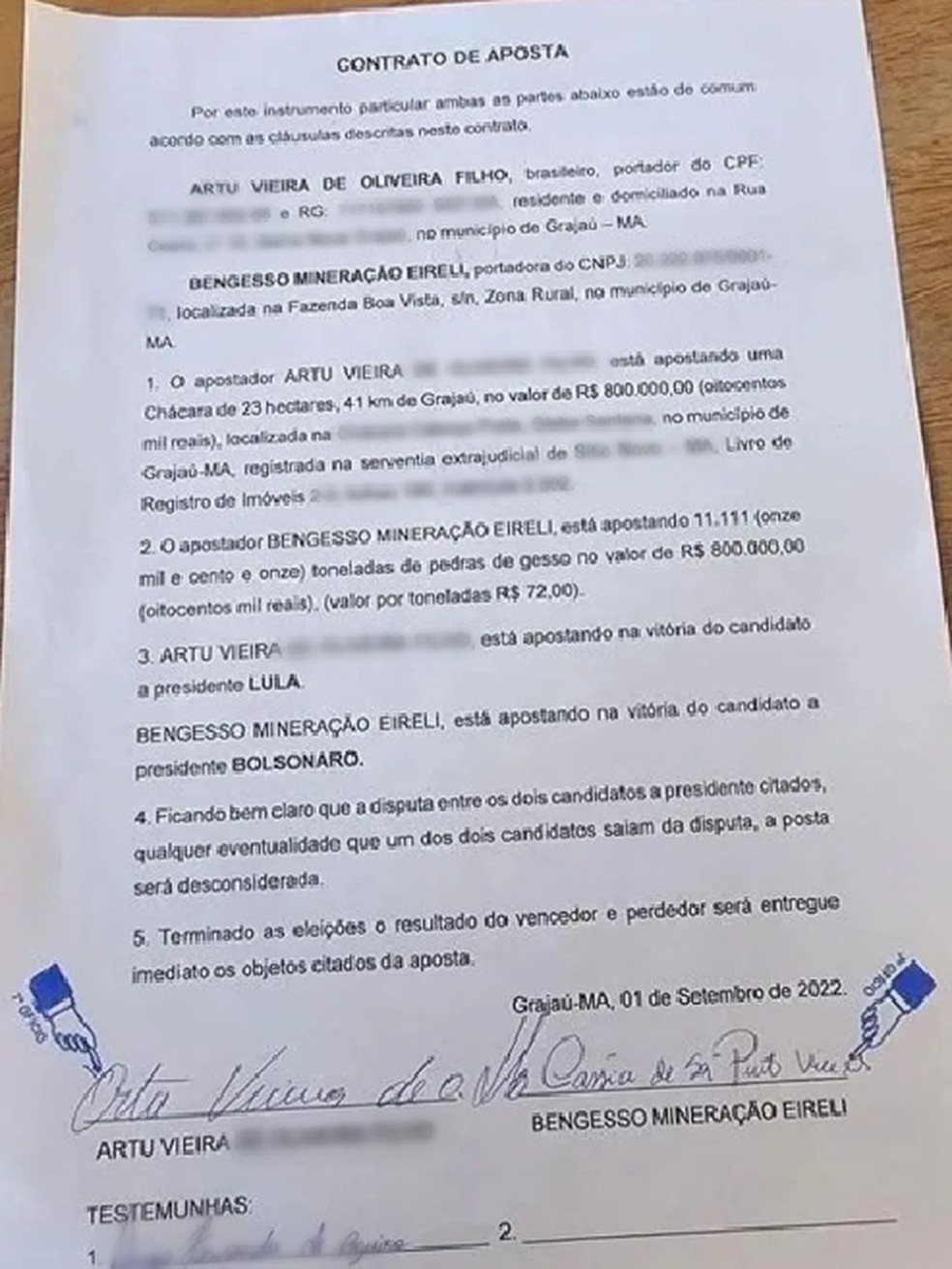 Contrato de aposta entre Artuzinho e Berguinho — Foto: Arquivo pessoal