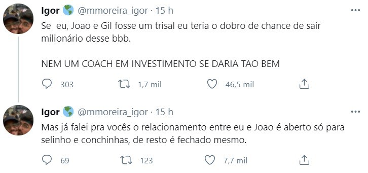Namorado de João cogita trisal com Gil (Foto: Reprodução/Twitter)
