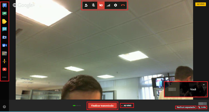 Na parte de cima da tela, opções de convite e configurações de áudio e vídeo. À esquerda, aplicações para potencializar as conferências, na parte inferior, botão para finalizar o Hangout. Ao lado, número de espectadores e links para compartilhamento (Foto: Reprodução/Paulo Finotti)