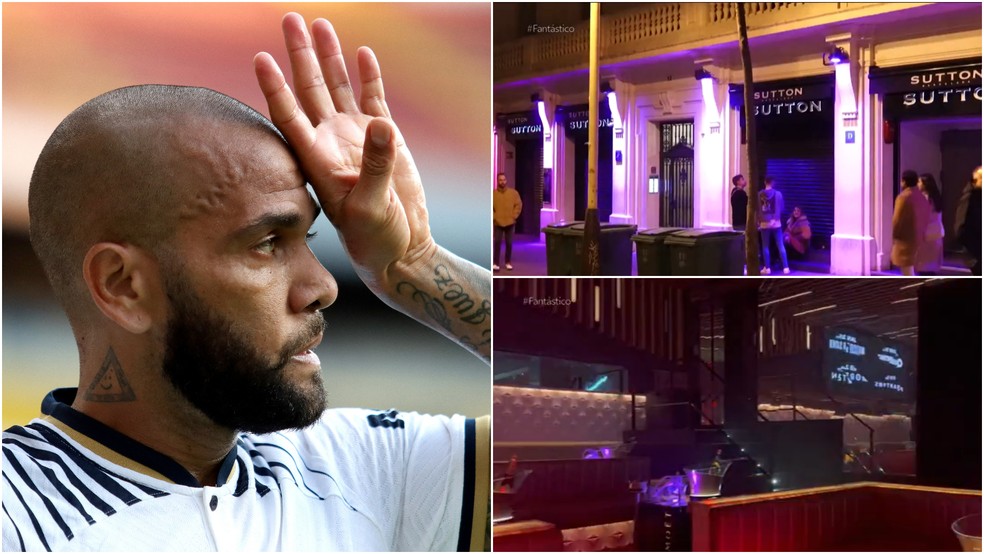 O jogador brasileiro Daniel Alves é acusado de agressão sexual contra jovem na casa noturna Sutton, em Barcelona, na Espanha — Foto: Ulises Ruiz/AFP e TV Globo/Reprodução