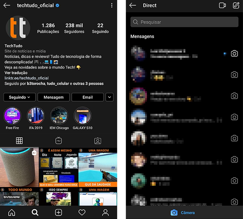 Instagram muda de cor automaticamente quando Modo Noturno está ativo — Foto: Reprodução/Paulo Alves