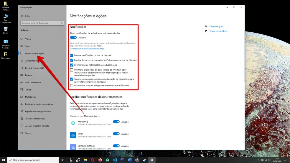Windows 10 permite um amplo controle das notificações do sistema e apps — Foto: Rerprodução/Filipe Garrett