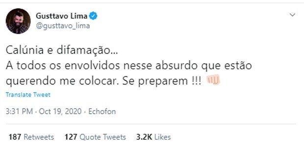 Publicação de Gusttavo Lima (Foto: Reprodução/Twitter)