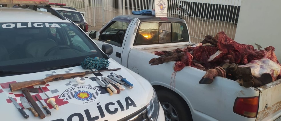 Homens foram presos em flagrante por furto de gado nesta terça-feira (26) — Foto: Polícia Militar