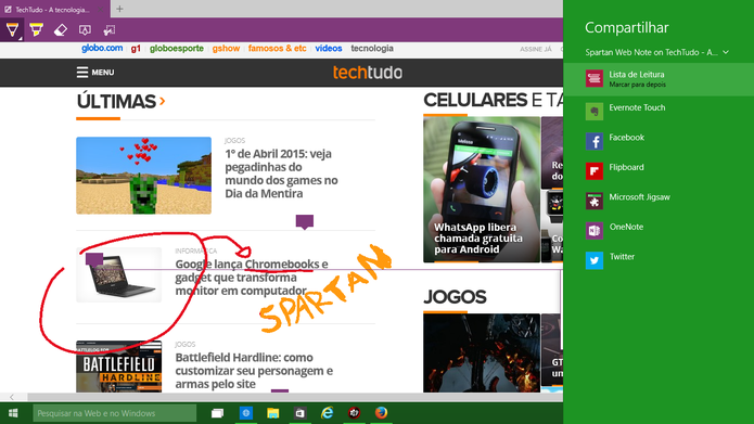 Spartan oferece compartilhamento de anota??es com aplicativos instalados no Windows 10 (Foto: Reprodu??o/Elson de Souza)