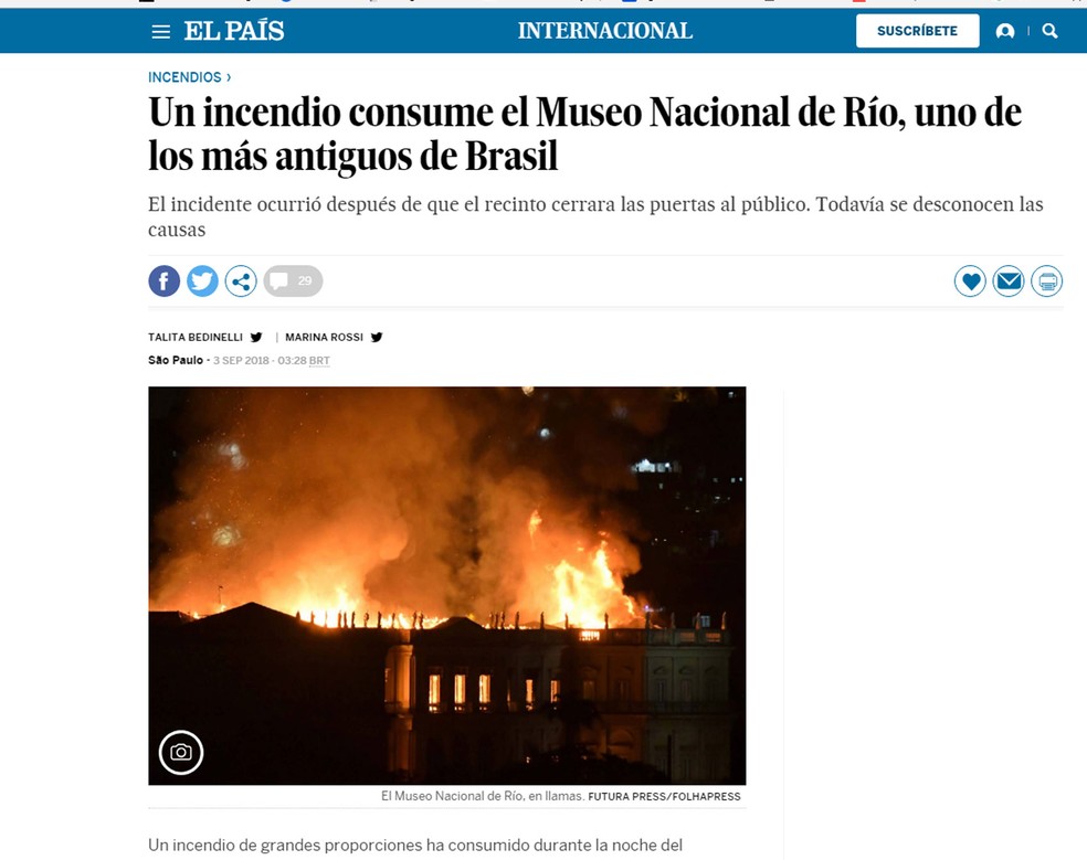 'El País' registrou incêndio no Museu Nacional (Foto: Reprodução/ El País)