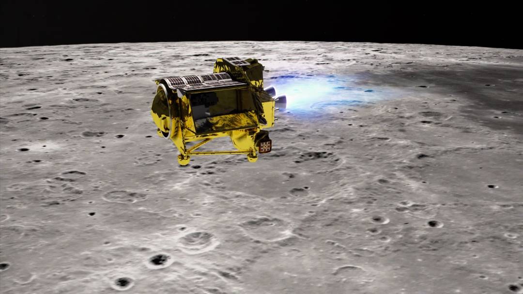 Impressão artística do módulo SLIM cruzando a superfície lunar.