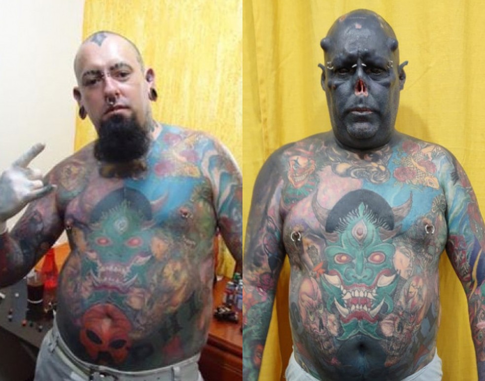 "Caveira" começou a fazer tatuagens em 2014 e hoje tem o corpo todo tatuado (Tatuí) — Foto: Fernando Franco/Arquivo pessoal