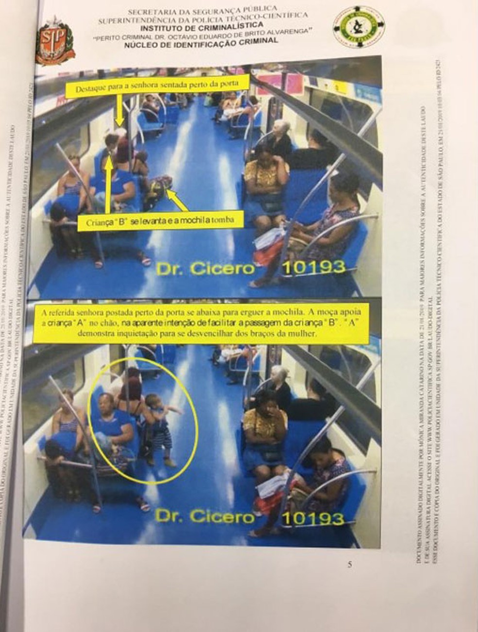 Documento do Instituto de Criminalística analisa imagens de câmeras que registraram instante em que menino deixa colo da mãe  — Foto: Reprodução/IC
