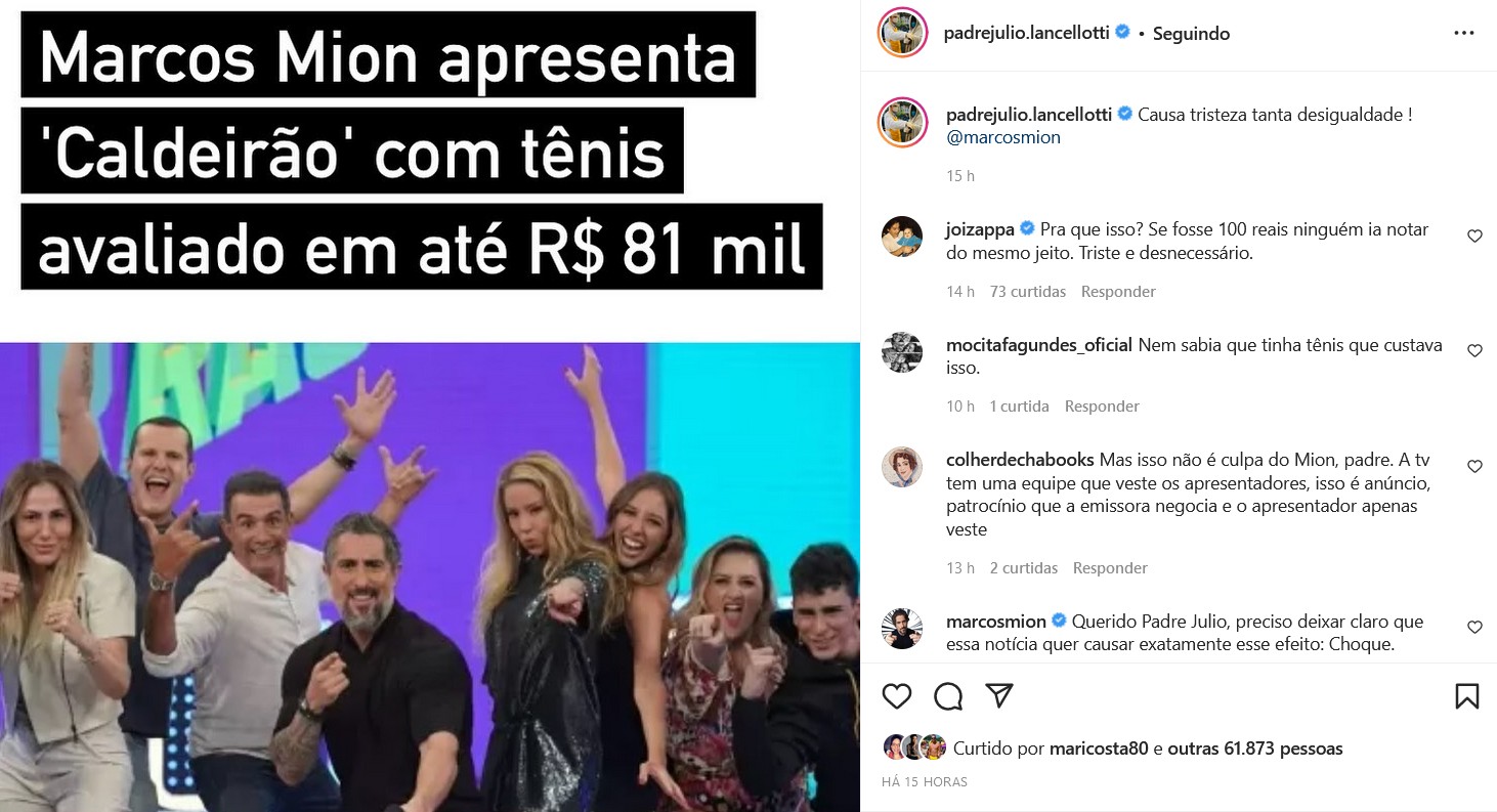 Padre Jlio Lancellotti critica Mion por supostamente usar tnis de R$ 80 mil no Caldeiro (Foto: Reproduo/Instagram)