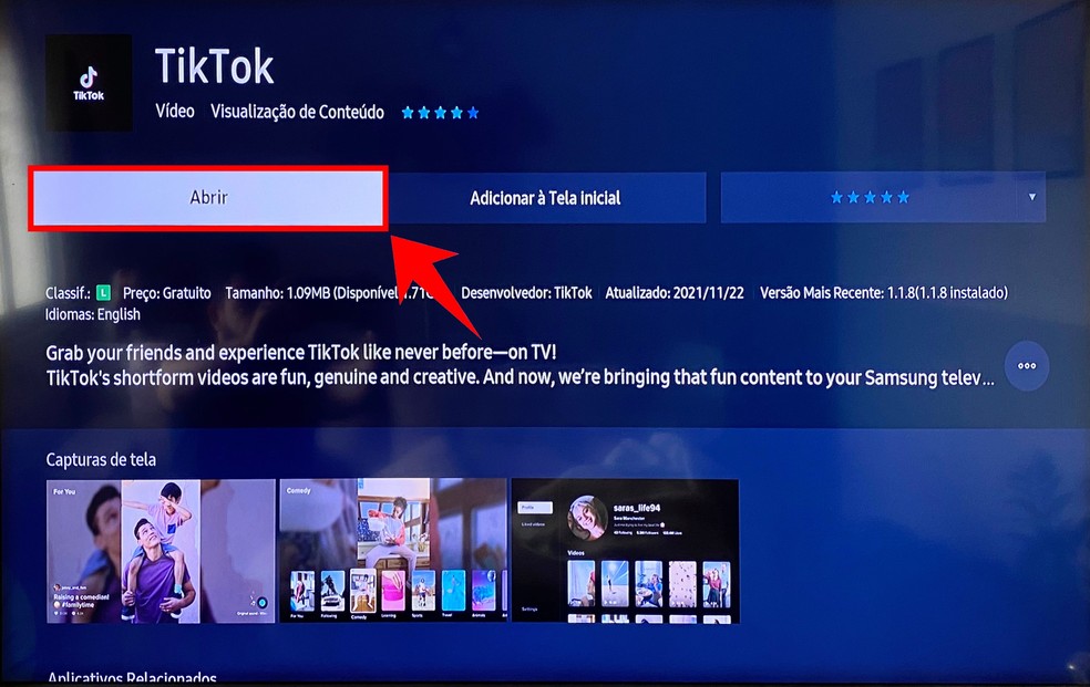 Abra o app para usar o TikTok na TV — Foto: Reprodução/Rodrigo Fernandes