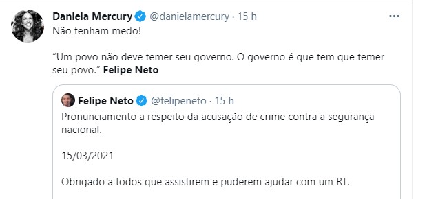Daniela Mercury presta apoio a Felipe Neto (Foto: Reprodução/Instagram)
