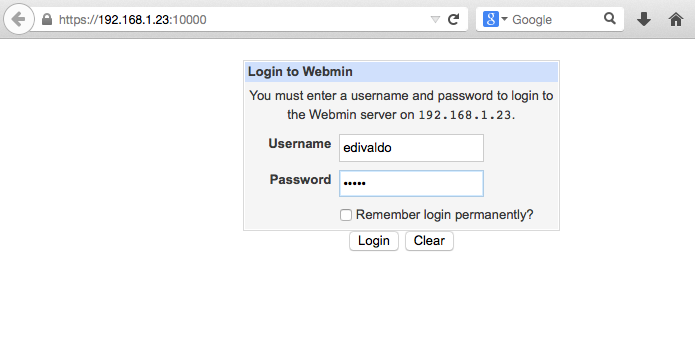 Acessando o Webmin em outro computador via navegador (Foto: Reprodução/Edivaldo Brito)