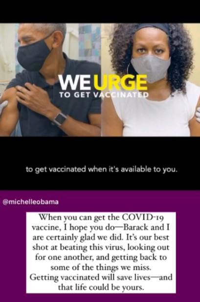 Michelle Obama e Barack Obama são vacinados contra o novo coronavírus (Foto: Reprodução/Instagram)