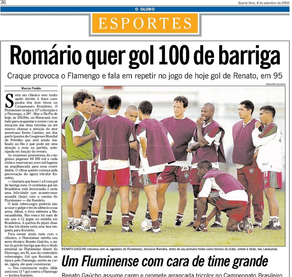 Romário afirma que queria fazer o 100º gol em Brasileiros e de barriga para homenagear Renato — Foto: Acervo O Globo