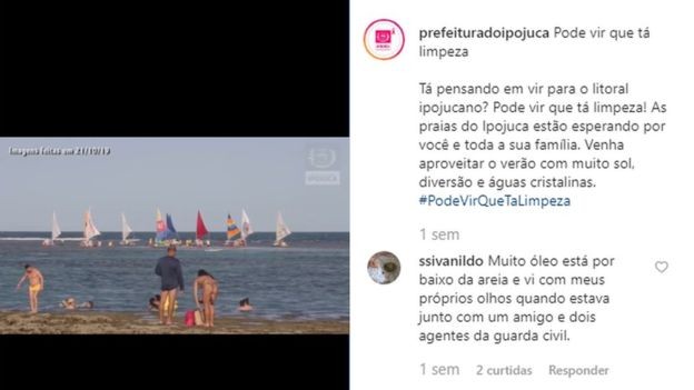 A Prefeitura de Ipojuca, em Pernambuco, publicou no Instagram um vídeo em que supostos turistas incentivam a ida a praias da cidade, como Porto de Galinhas (Foto: Reprodução, via BBC News Brasil)