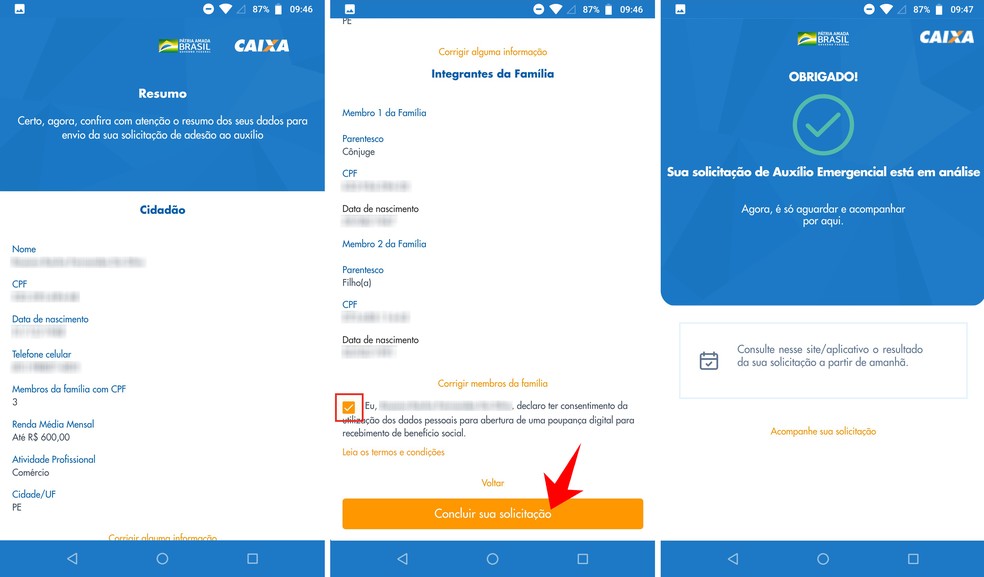 Finalizando o cadastro no app da Caixa Auxílio Emergencial 2020 — Foto: Reprodução/Rodrigo Fernandes