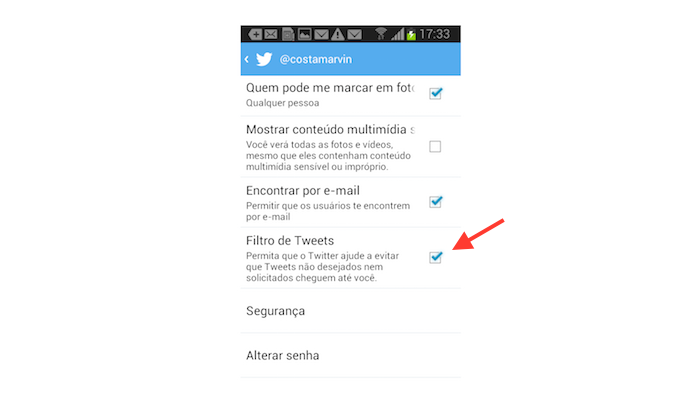 Ativando o Filtro de Tweets no aplicativo do Twitter para Android (Foto: Reprodução/Marvin Costa)