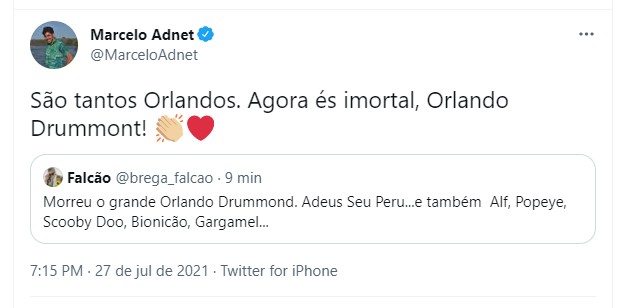 Marcelo Adnet e Falcão se despedem de Orlando Drummond (Foto: Reprodução Twitter)