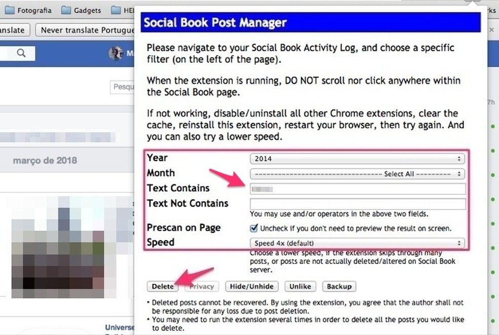 Procedimento para configurar a exclusão de posts específicos do Facebook usando a extensão Social Book Post Manager — Foto: Reprodução/Marvin Costa