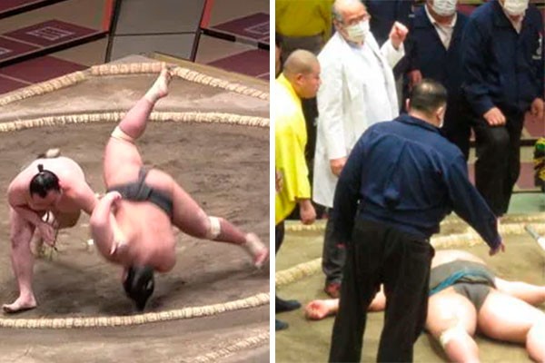 Momento da queda do lutador de sumô Hibikiryu e a posição em que ficou por vários minutos até receber socorro (Foto: reprodução twitter)