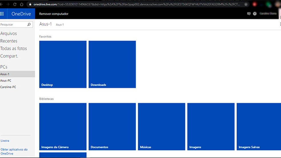 Pastas do computador podem ser acessadas no OneDrive online — Foto: Reprodução/Caroline Doms