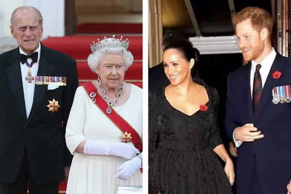O príncipe Philip, a rainha Elizabeth, Meghan Markle e o príncipe Harry (Foto: Getty Images)